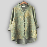 Eva Romantická Blusa De Lino Zeleno Zlatá S Květinami