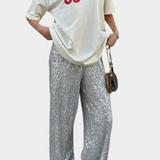 Elva | Kalhoty s vysokým pasem, flitry a volným střihem