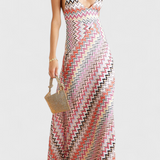 France | Vícebarevné pletené dlouhé šaty s hlubokým výstřihem do V a překříženými zády